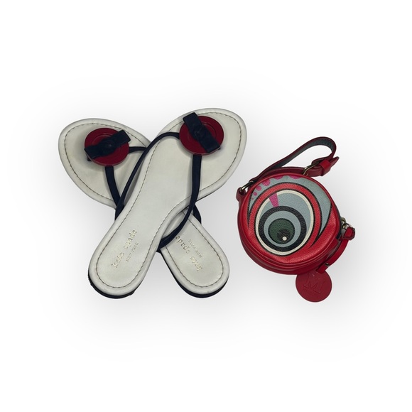 Kate Spade KSNY Thong Button + Bow Flat Leather Sandals Red White Blue 8M - Picture 14 of 16